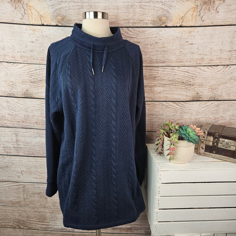 5/$25 Liz Claiborne Womens XL Navy Blue Cable Knit Jacquard‎ Funnel Neck Tunic